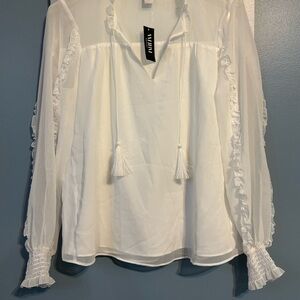 WHBM White Sheer Blouse with Tassels-Small-NWT